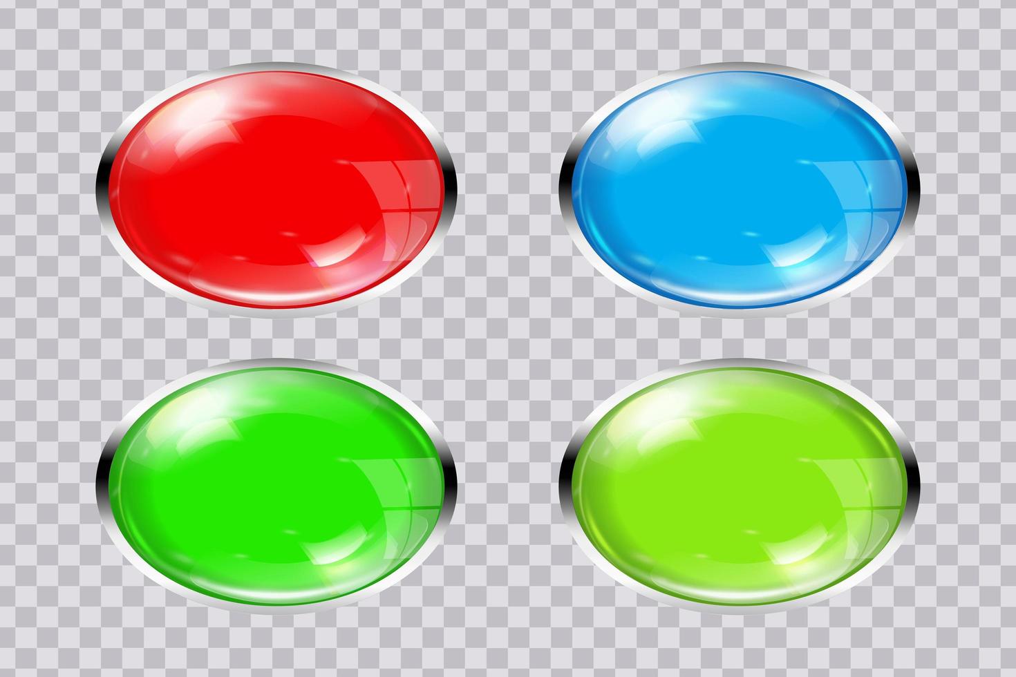 A set of beautiful oval transparent glass multicolored buttons with a metal frame. Vector 3D illustration