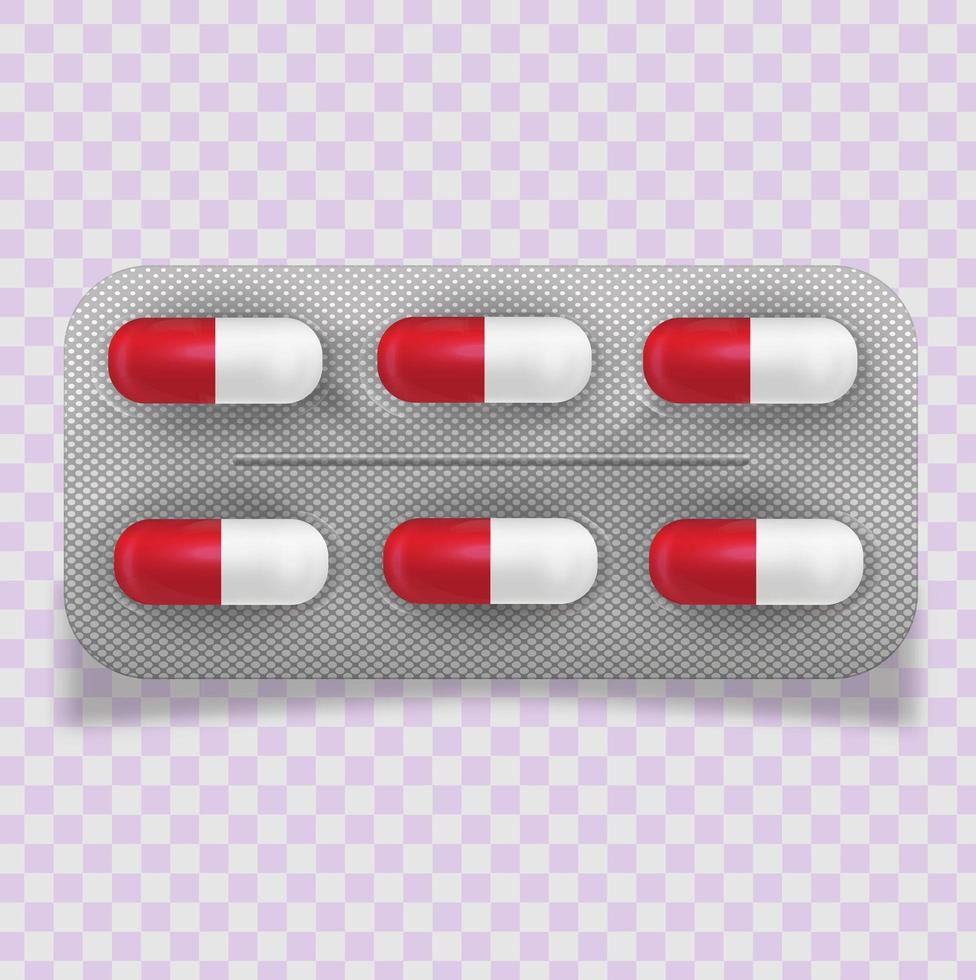 blister de pastillas realistas con cápsulas sobre fondo blanco. maqueta realista de pastillas que empaquetan medicamentos, tabletas, cápsulas, analgésicos, antibióticos, vitaminas. médico de salud. vector
