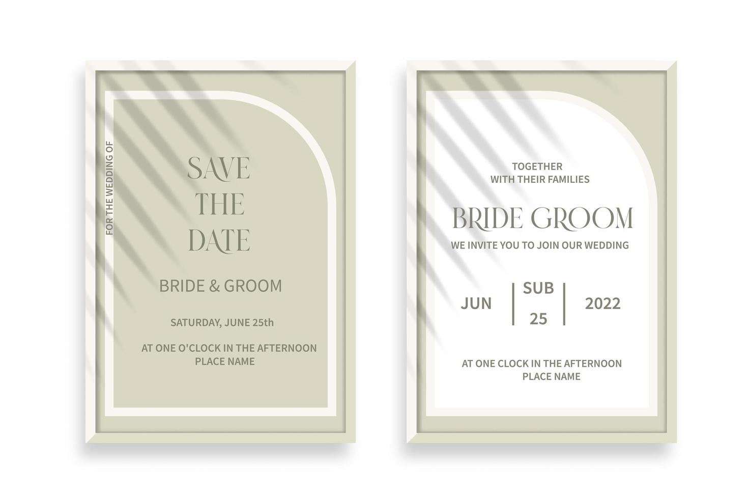 Modern wedding invitation, burnt green wedding invitation template, arch shape with palm leaf shadow and handmade calligraphy. vector