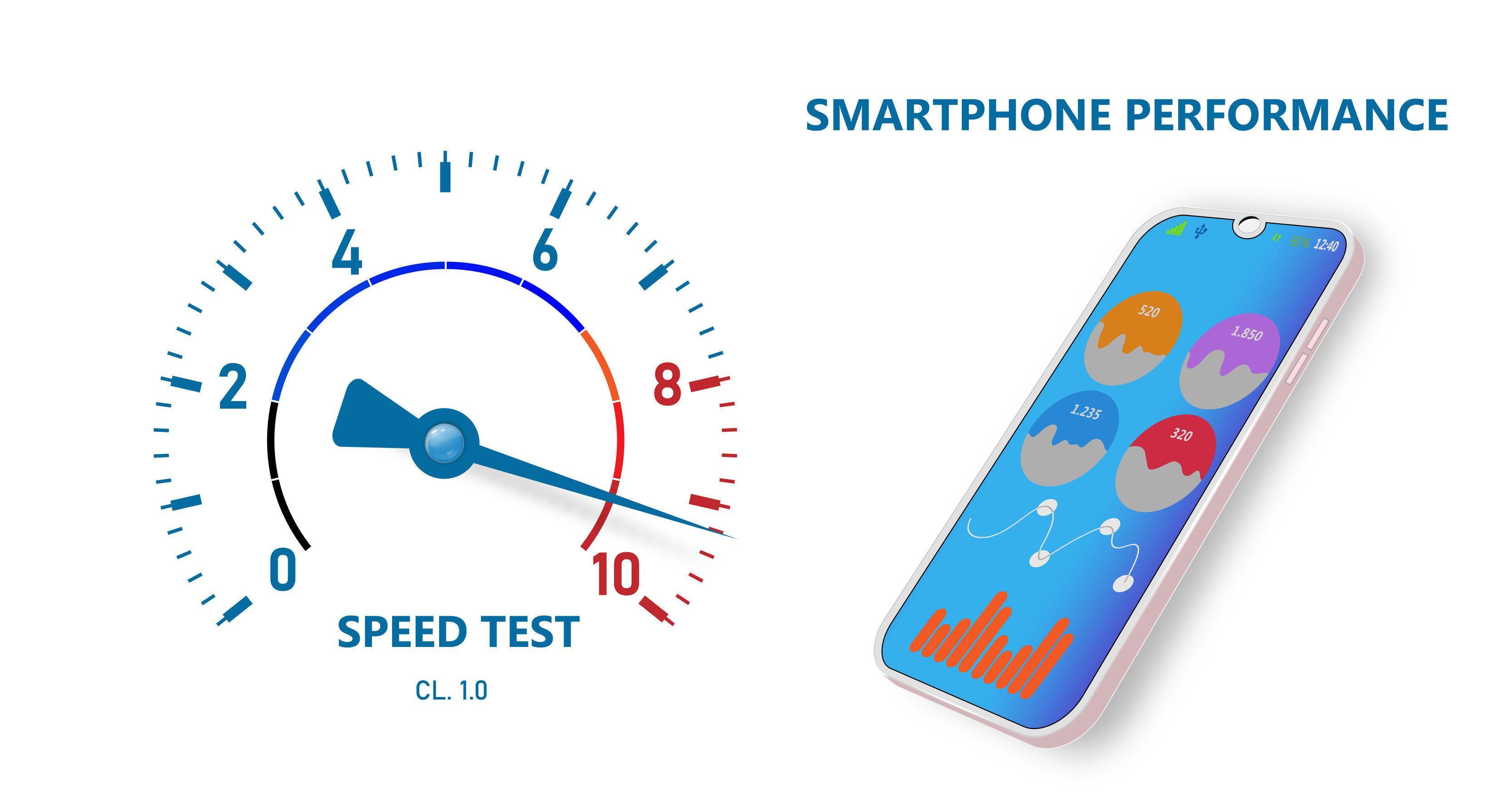 Smartphone performance with arrow indicator. Ui and Ux design with analytics. Mobile phone panel