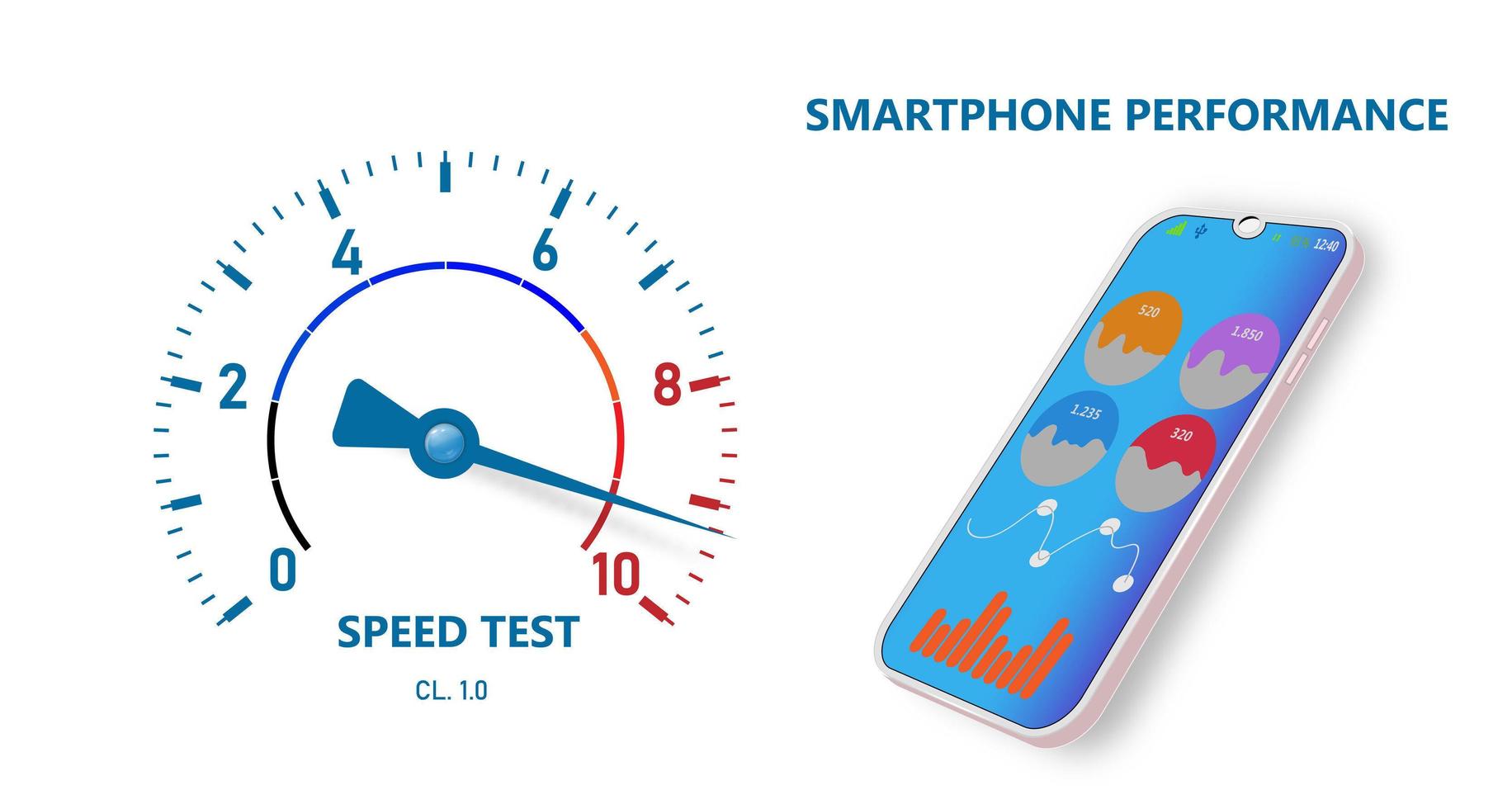 Smartphone performance with arrow indicator. Ui and Ux design with analytics. Mobile phone panel. Vector illustration.