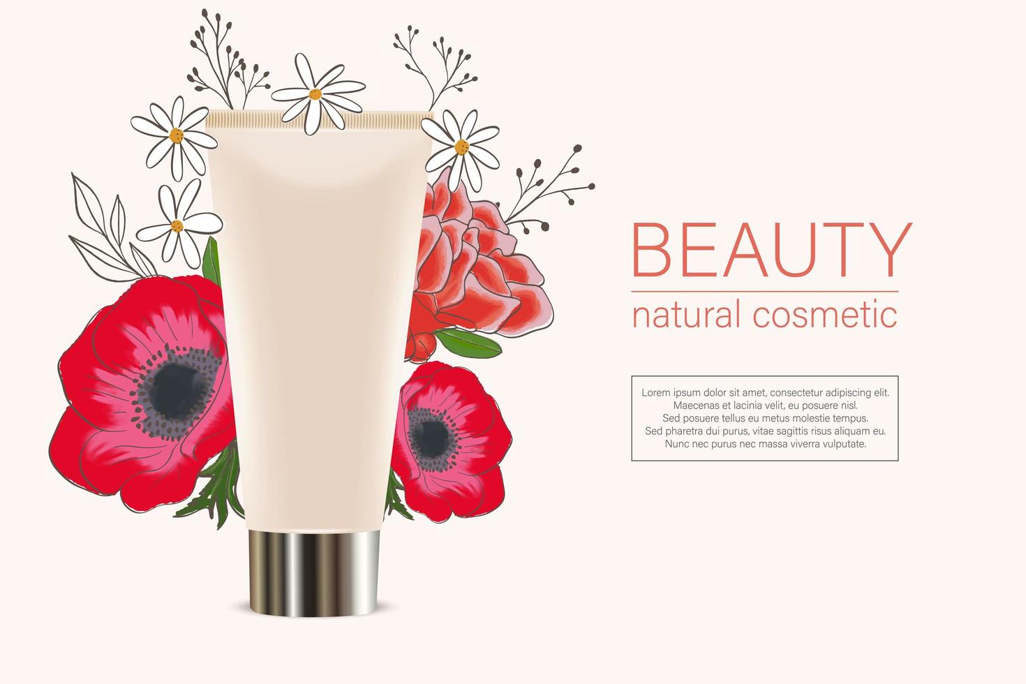 Cosmetic design template. Vector tube packaging with glossy silver cap on poppy flowers background.