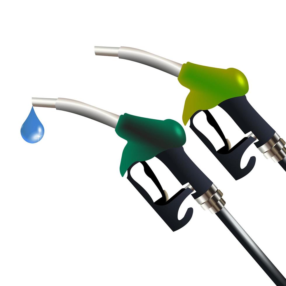 3d vector refueling with a fuel nozzle with oil, gasoline, diesel. Set of refueling nozzles green yellow with a drop. Gas station design, blockboard