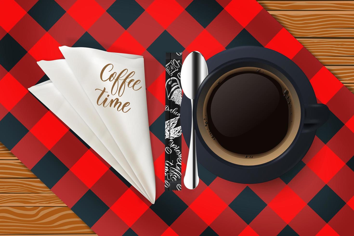 taza de café vectorial realista y vista superior del platillo aislada sobre fondo de madera con mantel a cuadros. concepto de tiempo de cafe vector