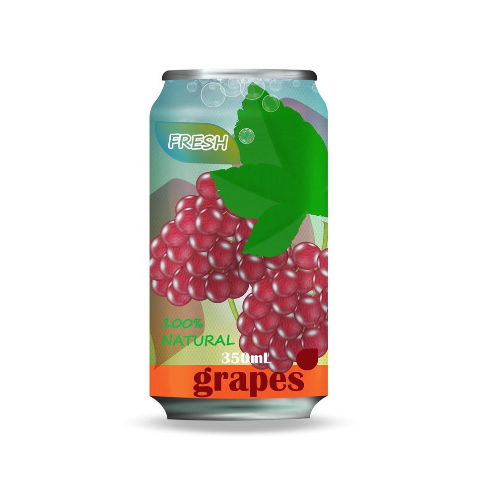 Aluminum cans of apple, grape, cherry juice. Fruit drink advertising vector design