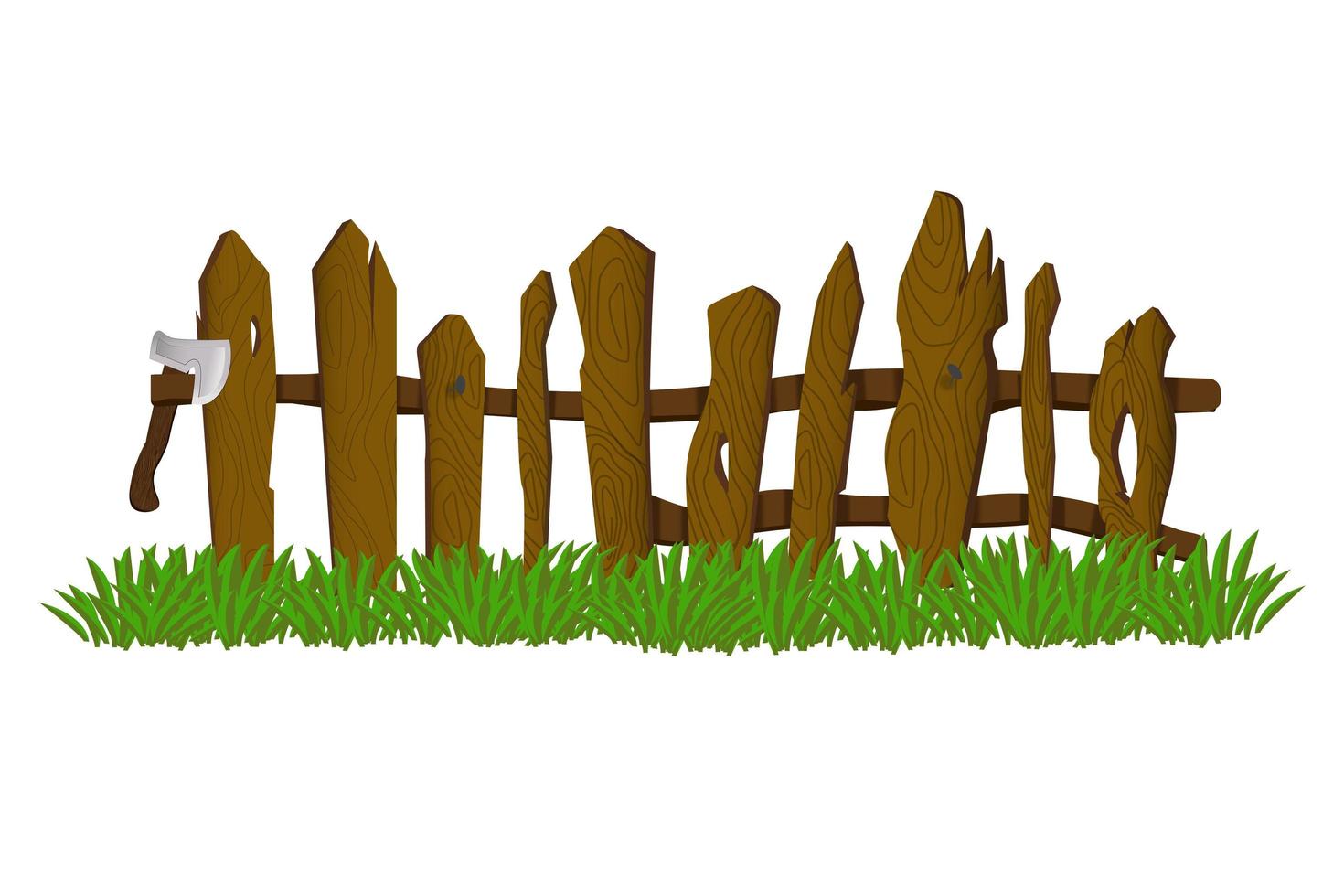 Green grass and old brown fence on a white background. vector