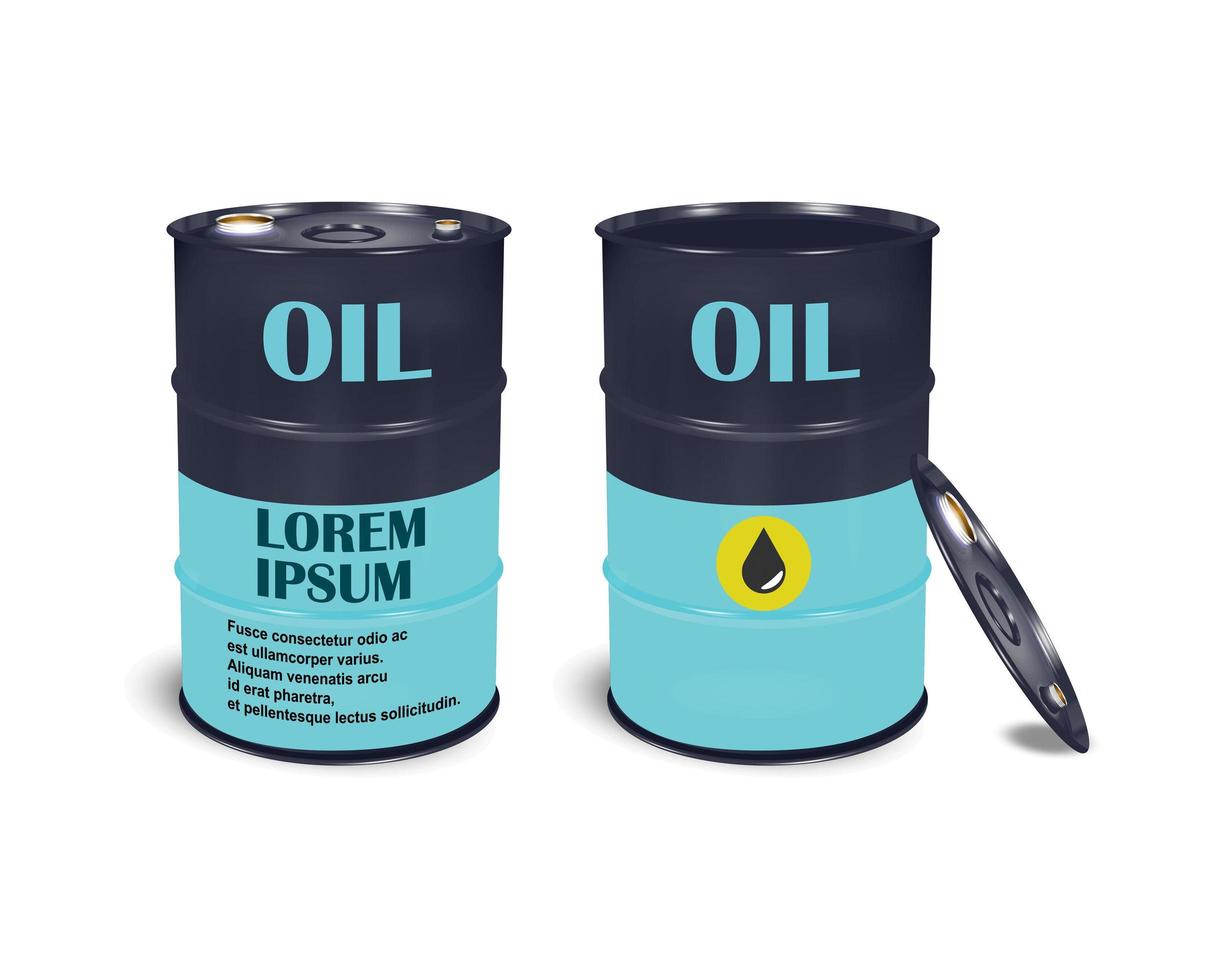 Barrel with a volume of 200 liters, black, glossy, metal. Container for liquid chemical products - oil, fuel, gasoline. Photorealistic vector packaging mockup template with sample design.