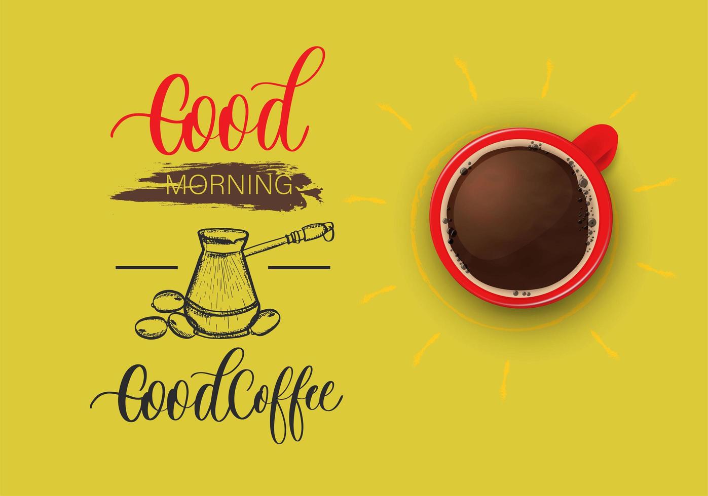 taza de café con rayos de sol y cita tipográfica, frase sobre un buen sofá de café. plantilla de diseño vista desde arriba. vector