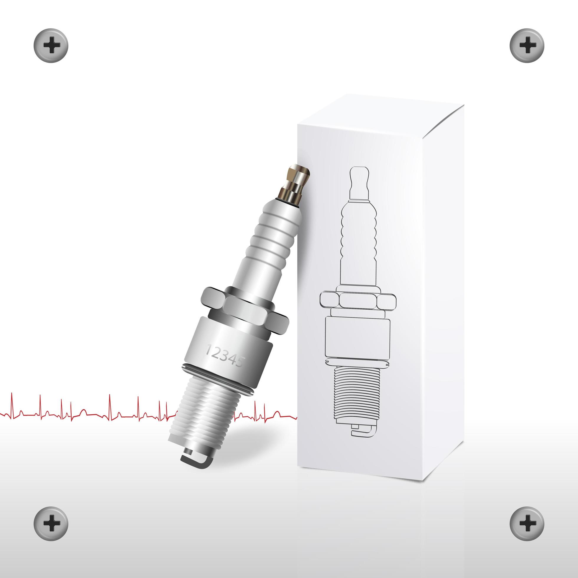 Vector 3D spark plug with paper packaging on a white background