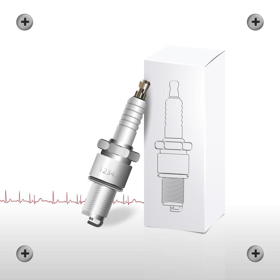 Vector 3D spark plug with paper packaging on a white background. Illustrating presentation design