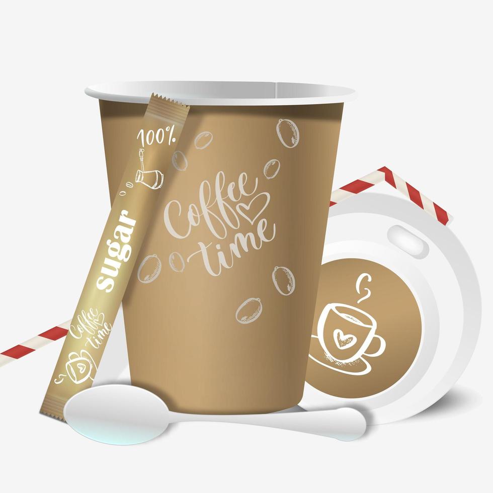 taza de café de papel marrón con tapa, cuchara, paja y bolsa de azúcar, con elementos de diseño de café sobre un fondo blanco de estilo antiguo. colección de taza de café simulada en 3d. vector