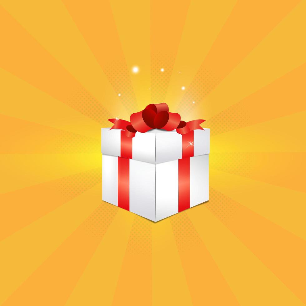 ilustración vectorial de una caja de regalo sobre un fondo de medio tono con rayos en tonos soleados. presentación de productos, descuentos, regalo, rebajas, productos para bebés vector