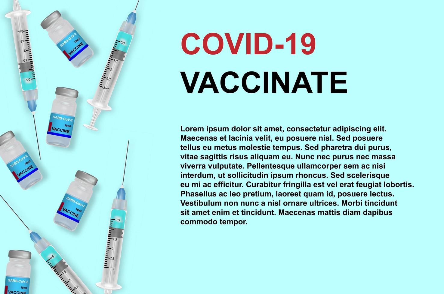 Vector background of coronavirus vaccine on blue background.Vector illustration. Vaccination with vaccine vial and syringe injection tool for covid19 immunization treatment.