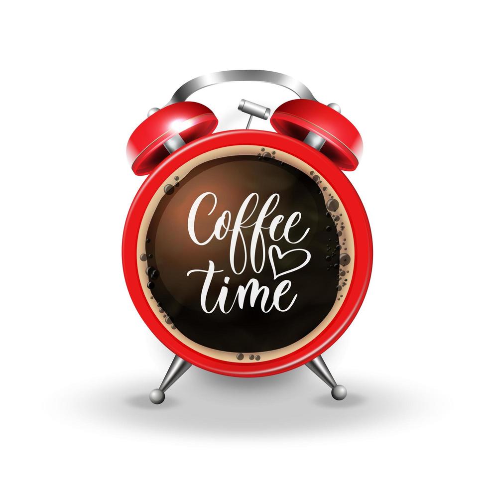 Red alarm clock with coffee foam and hand lettering inscription Coffee time. vector