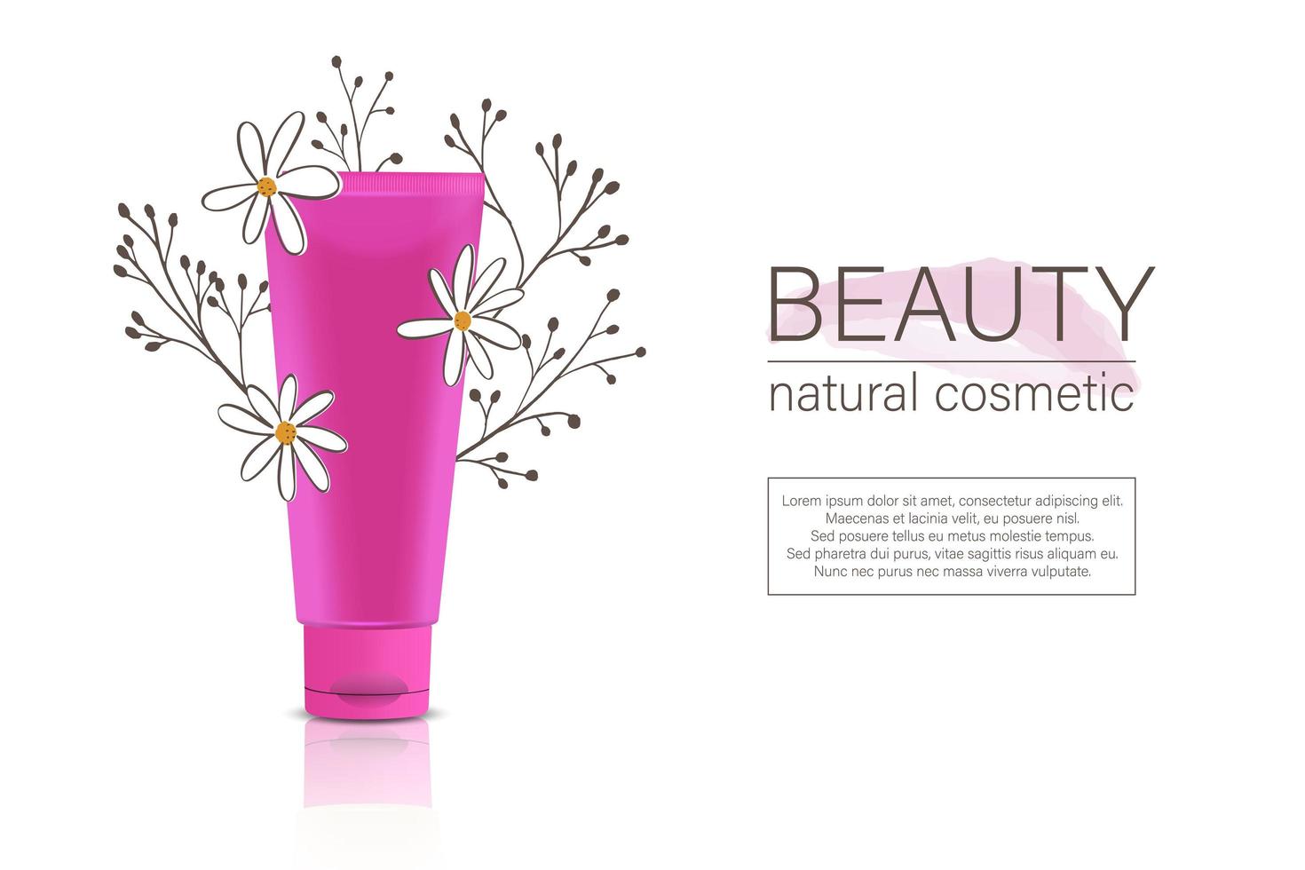 Cosmetic design template. Vector packaging of a tube in pink color with a pink cap on a background of poppy flowers.