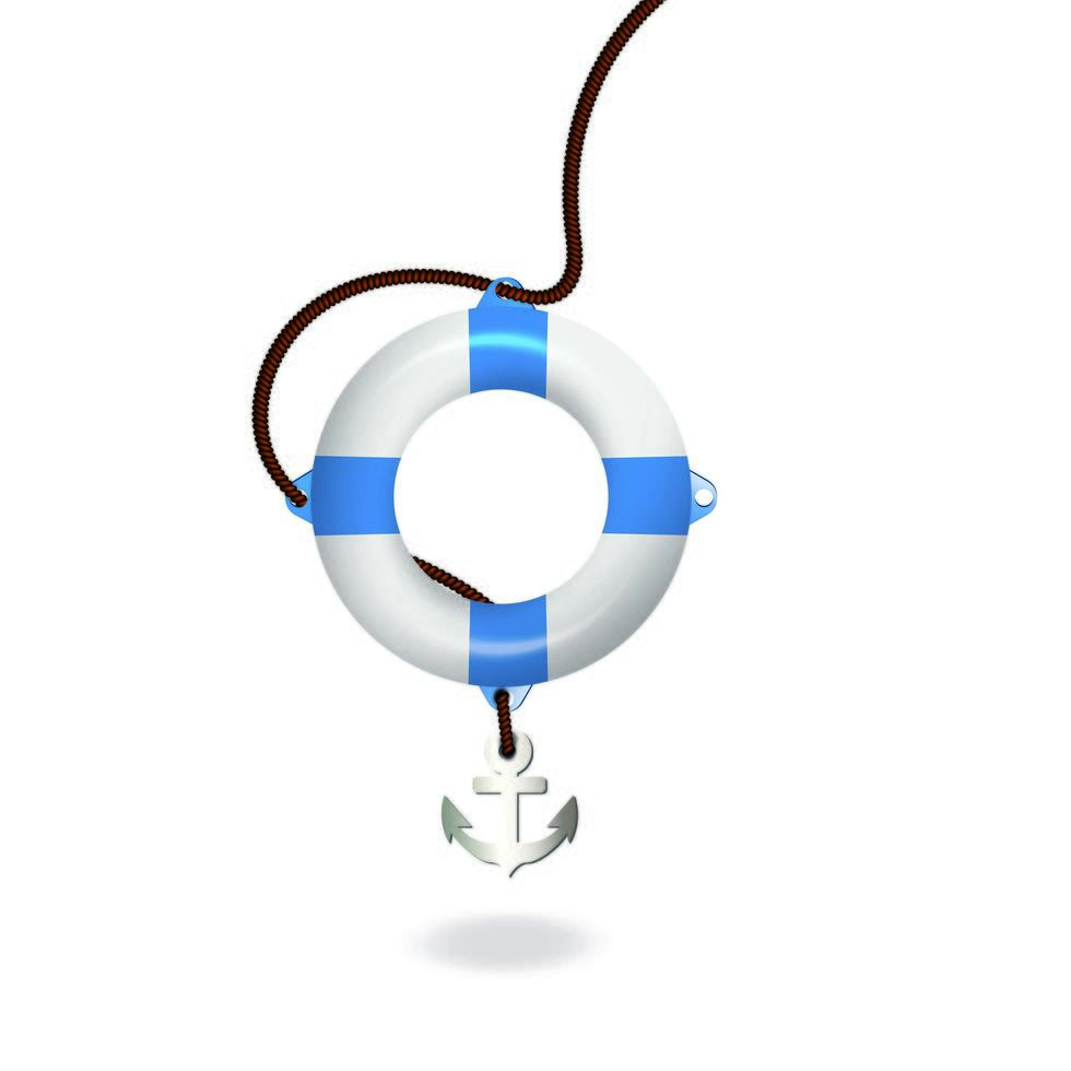 Lifebuoy with rope anchored on a white background. Vector illustration of a nautical direction. Sign, symbol, logo for design decoration.