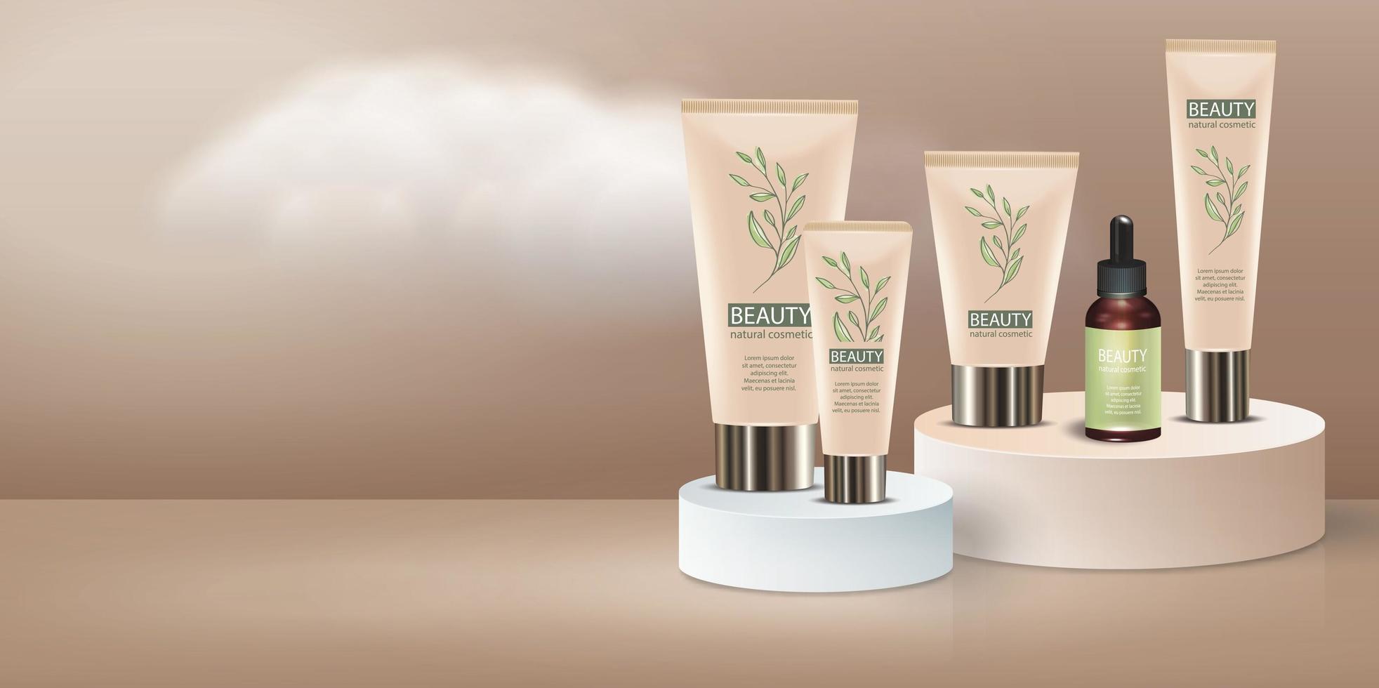 Advertising of skin care products on a round podium stage made of two pedistal and shadows with clouds in 3d illustration. vector