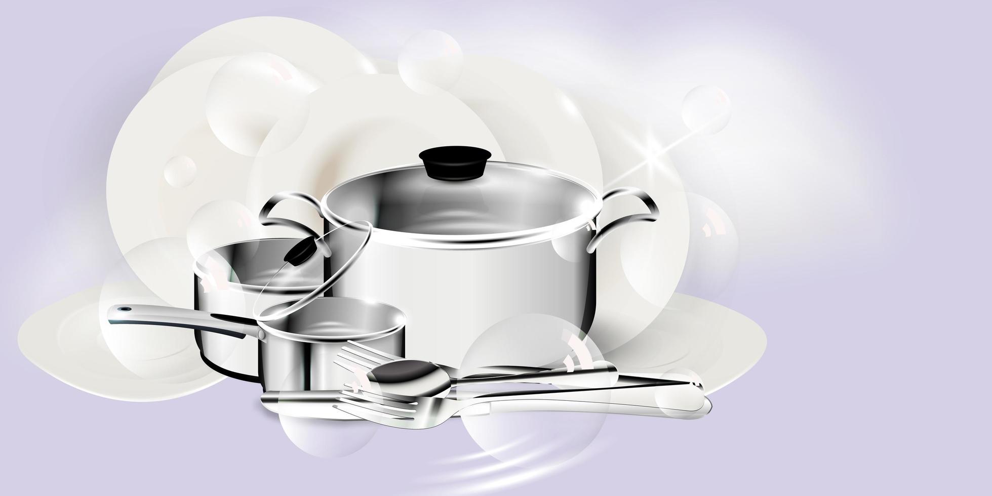 Realistic stack of plates and cutlery with steel saucepans . Clean dishes, dishwasher safe. Clean, washed plates, forks, spoon, dishes vector illustration. Detailed closeup in bubbles of detergent