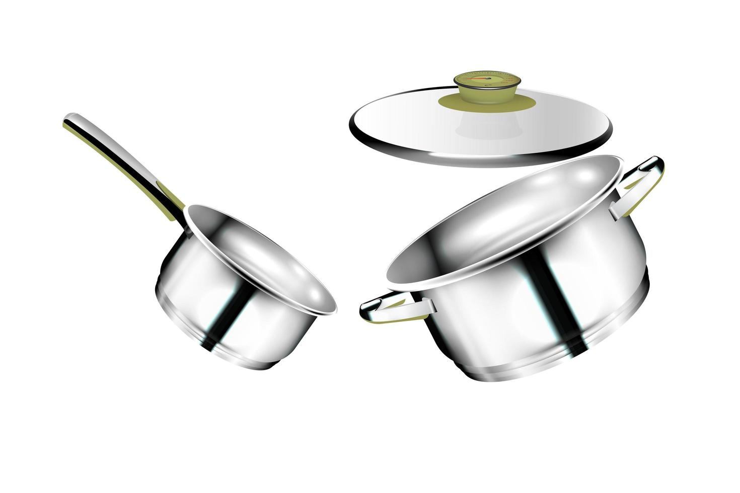 platos de cromo realistas. ollas de acero con capa, cacerola y sartén de metal, utensilios de cocina aislados. imagen vectorial 3d cromo sartén y utensilio de cocina vector