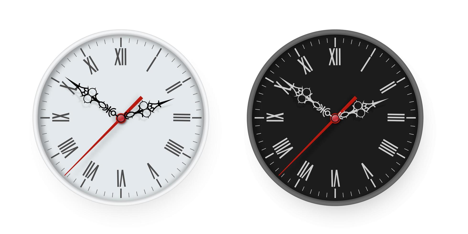 Set of wall office clocks White and black icon. Closeup of design template in vector. Mock up for branding and advertising isolated on transparent background. vector