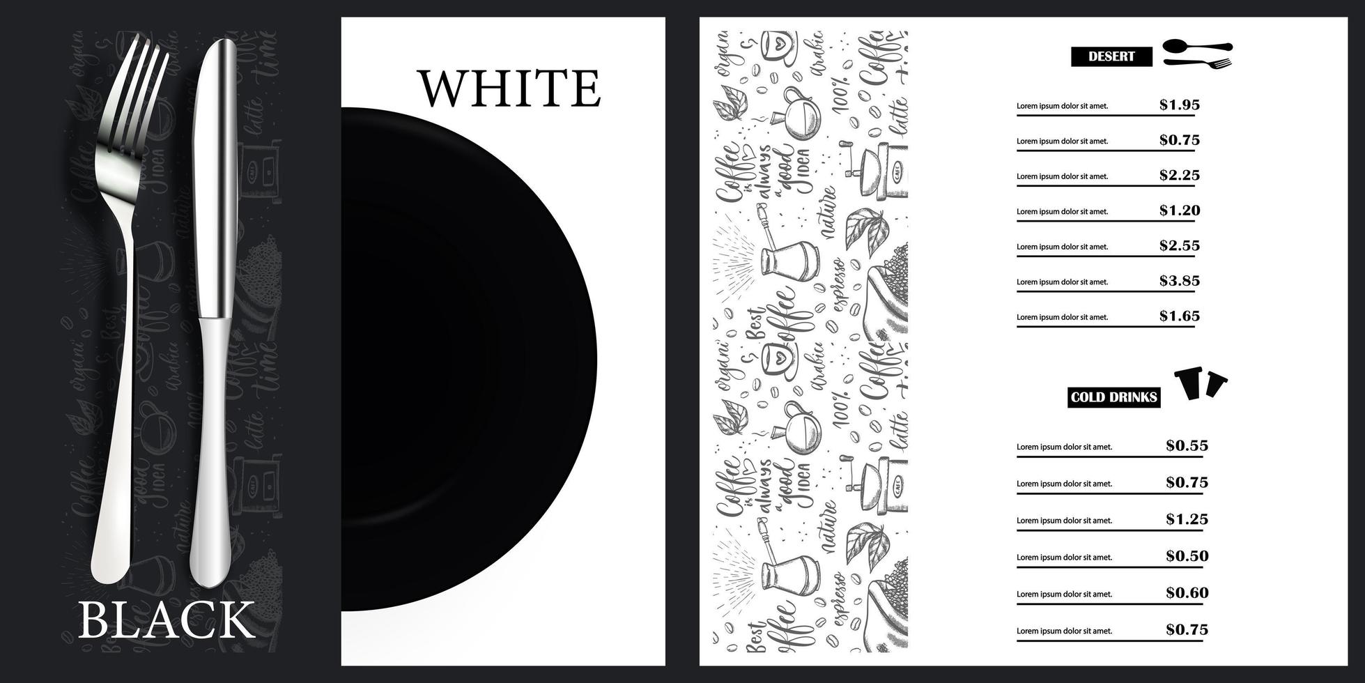 plantilla de menú vectorial para restaurantes y cafeterías. diseño de portada de menú en blanco y negro. diseño del folleto de un restaurante moderno vector