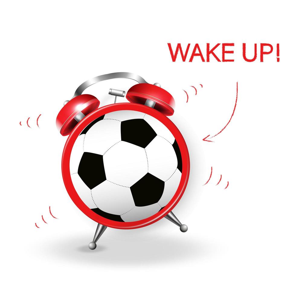 Ringing red alarm clock with soccer ball and wake up inscription. vector