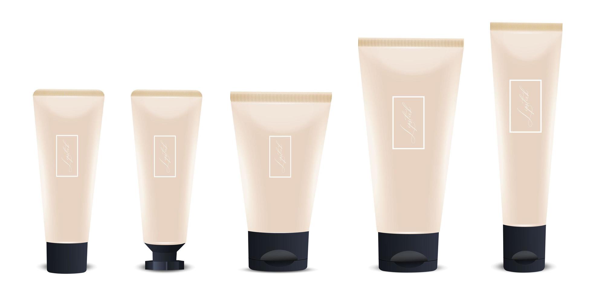 Vector 3d realistic plastic, beige tube packaging with black cap on white background. Design template of toothpaste, cosmetics, cream mockup. Foreground
