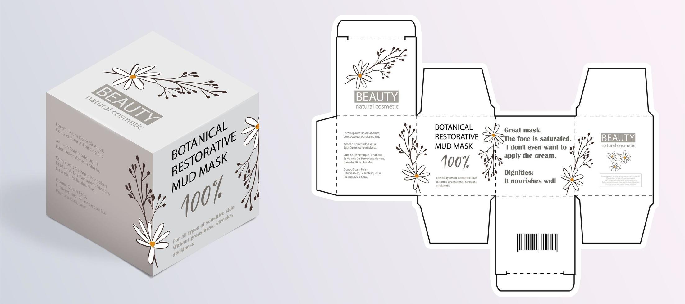 Design of the cosmetic packaging template. Cut. Cosmetic cream mask with herbs in a closed box. Realistic 3D model. vector