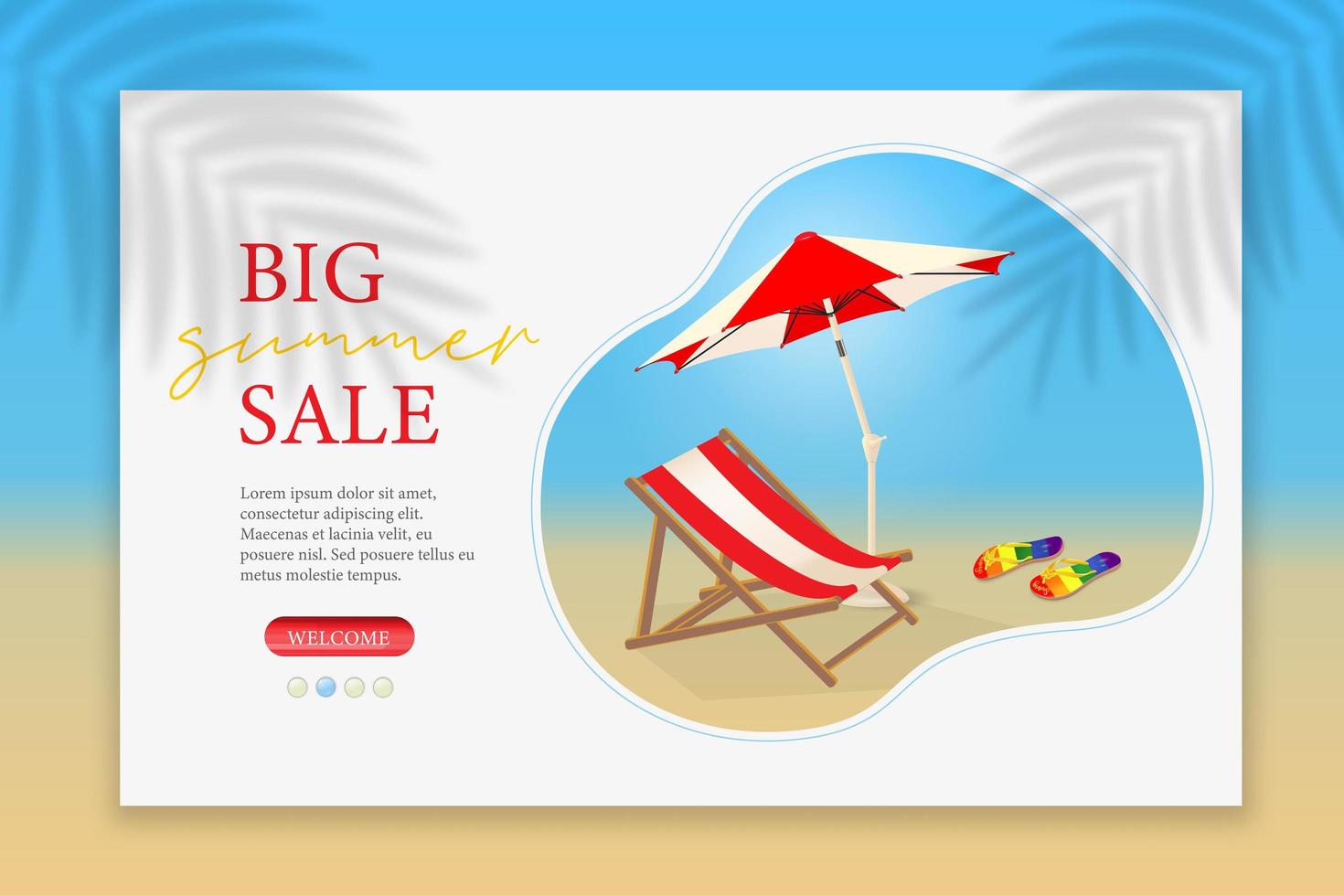 Summer sale banner with beach accessories. Exotic background for banner, poster, flyer, postcard, greeting card and web. Design in blue and pink vector