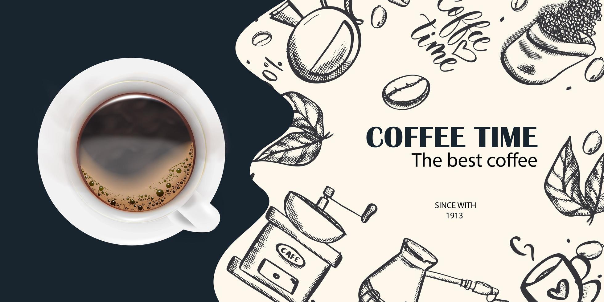 A cup of coffee. A sketch of a banner with coffee beans, leaves, a coffee grinder, a coffee maker on a light milky background for a poster or other template design vector