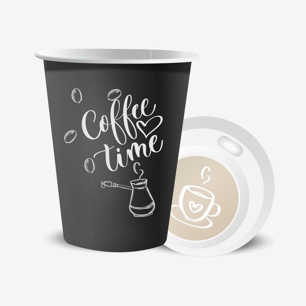 paper coffee cup with lid black with coffee design elements on white background in vintage style. Collection of 3d mock up coffee cup. vector