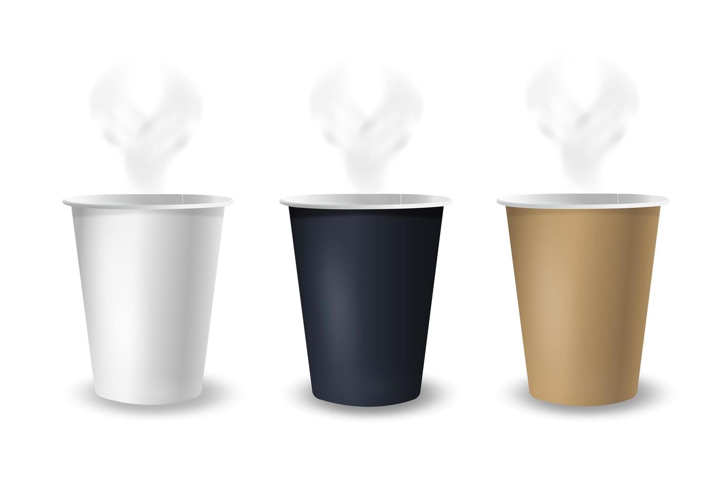 Vector 3d realistic disposable drink cups with brown, white and black paper isolated on white background. Coffee, Soda, Tea, Cocktail, Milkshake. Packaging design template for mockup. Foreground