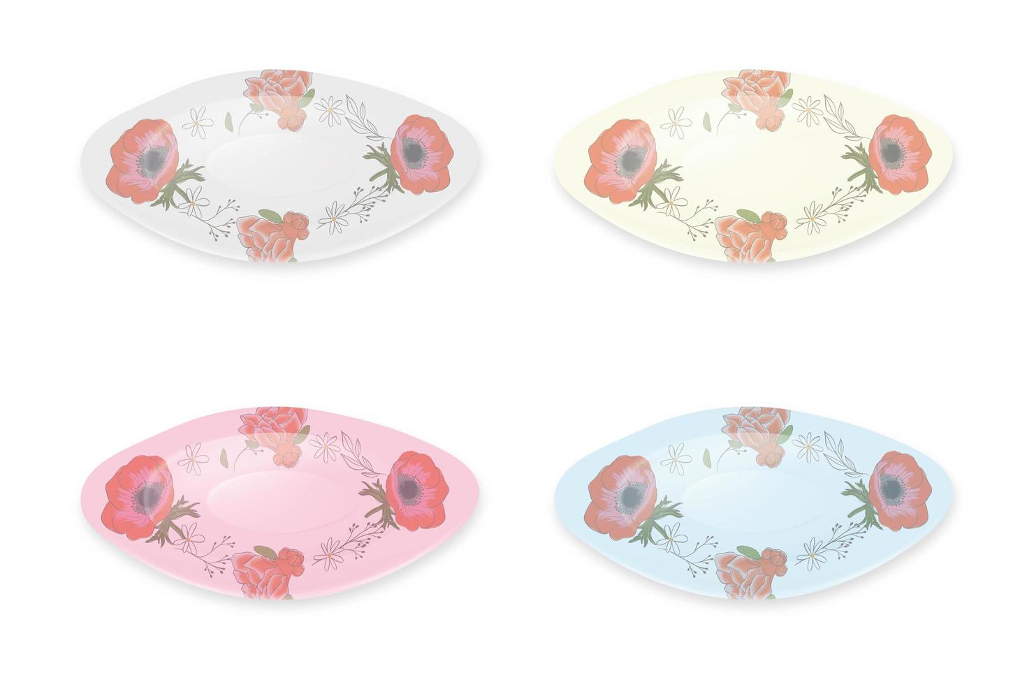 Set of colored plates isolated on white, decorated with flowers of poppies. The saucer is rectangular, square. Vector illustration EPS10.