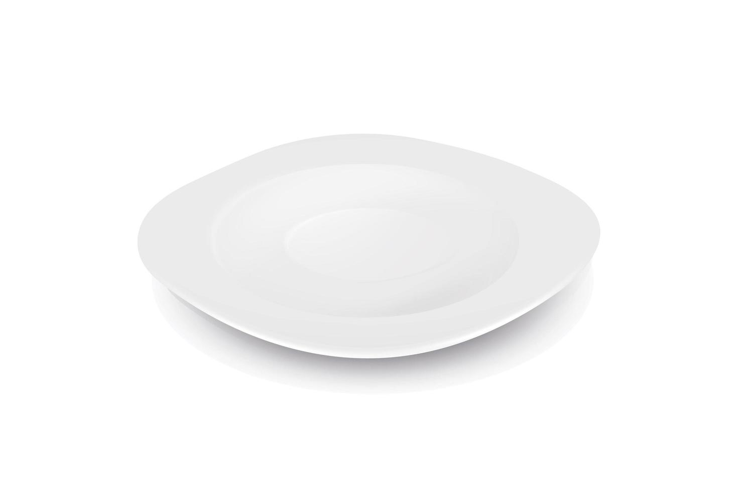 Vector 3d Realistic White Empty Porcelain, Ceramic Plate with Reflection Closeup Isolated on White Background. Design Template for Mockup. Stock Vector Illustration. Front, Top, Side View