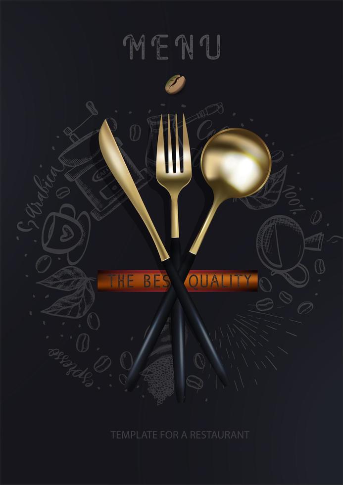 cuchillo de tenedor dorado y cuchara sobre un fondo negro con siluetas de café. un cartel moderno de moda para un restaurante. ilustración vectorial de la vista superior. vector