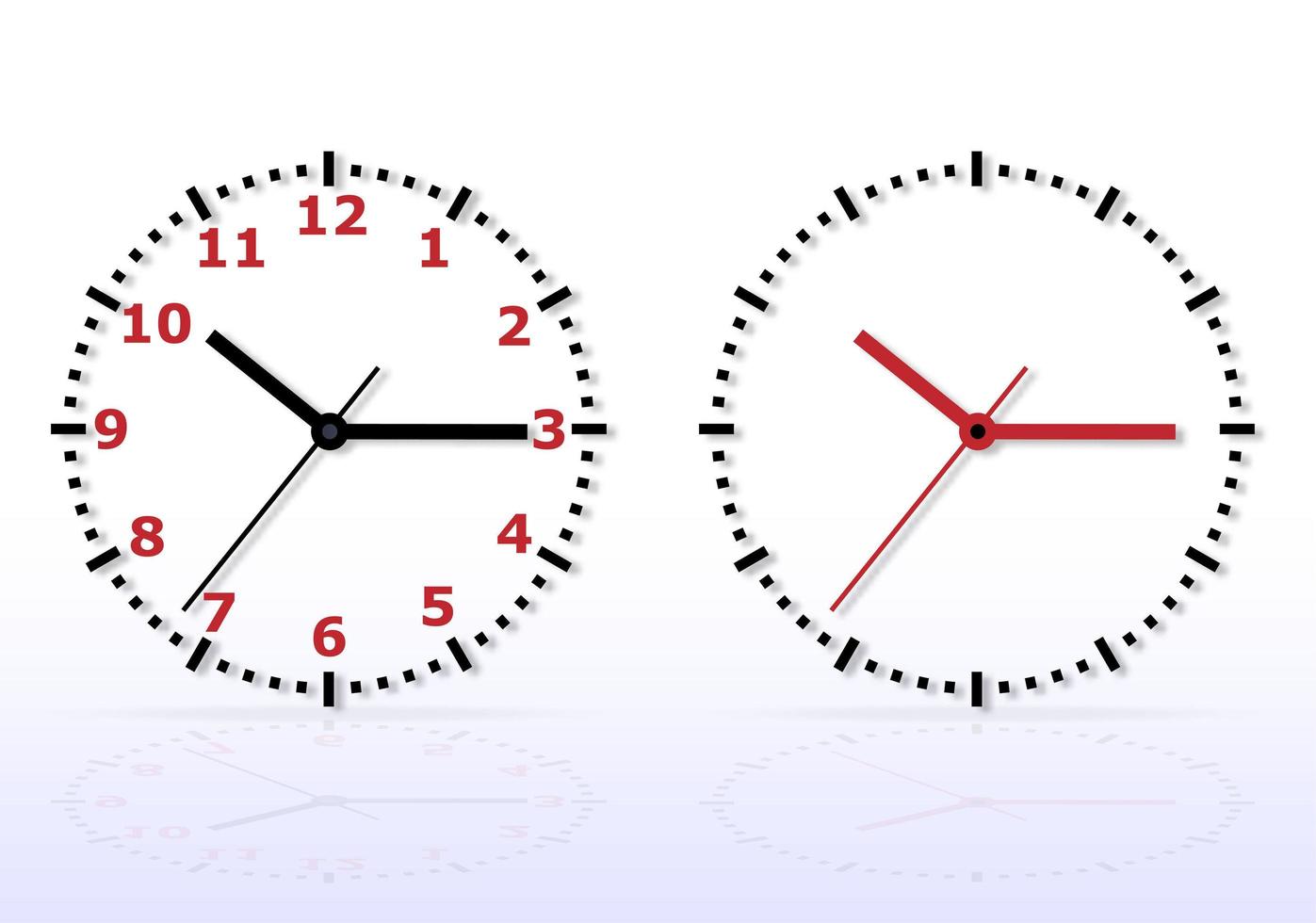 reloj de pared simple clásico vectorial aislado en blanco con sombra y reflejo. plantilla de diseño en tono rojo y negro. primer plano vector