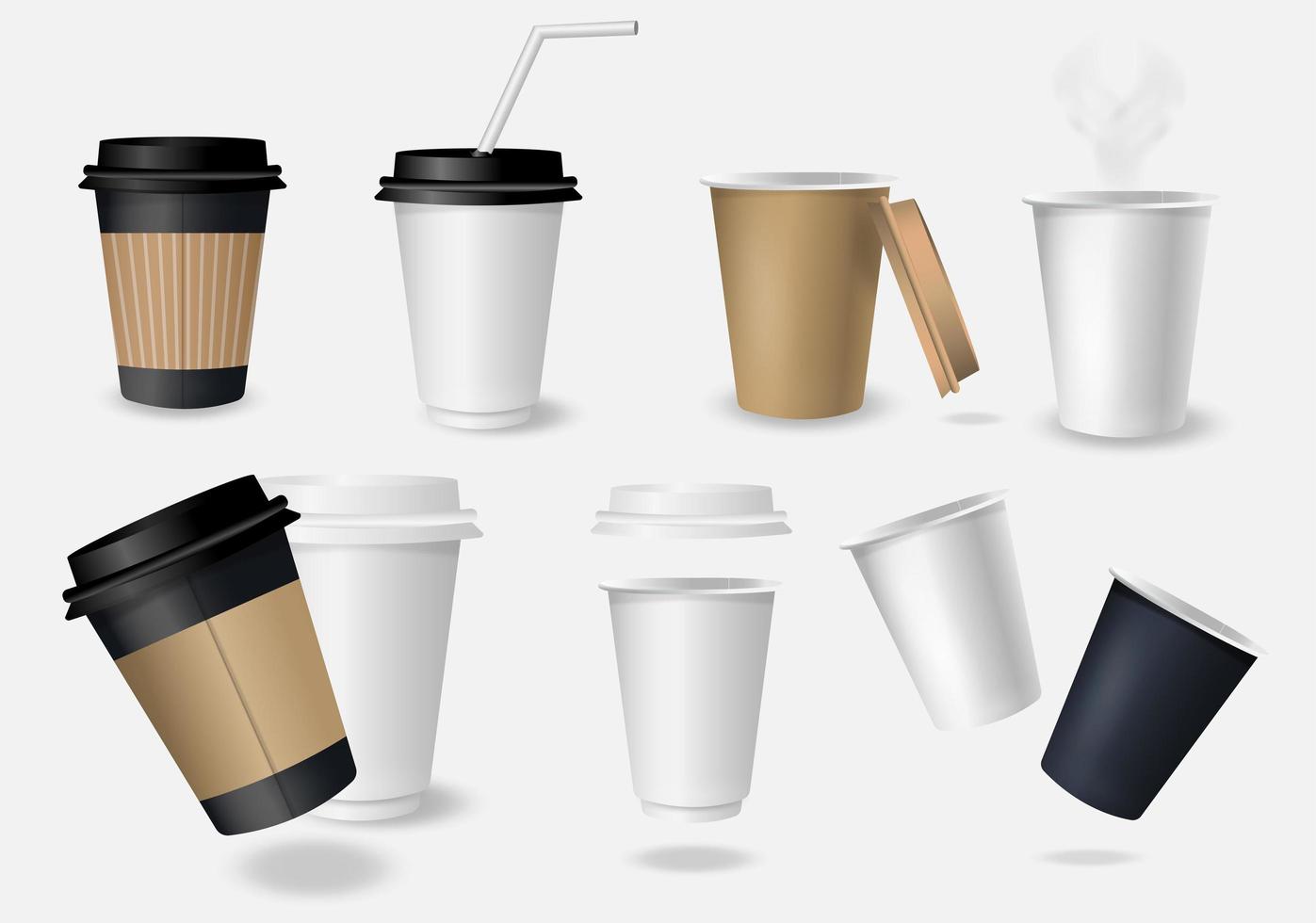 Set of paper coffee cup on white background. Collection 3d coffee cup mockup. vector