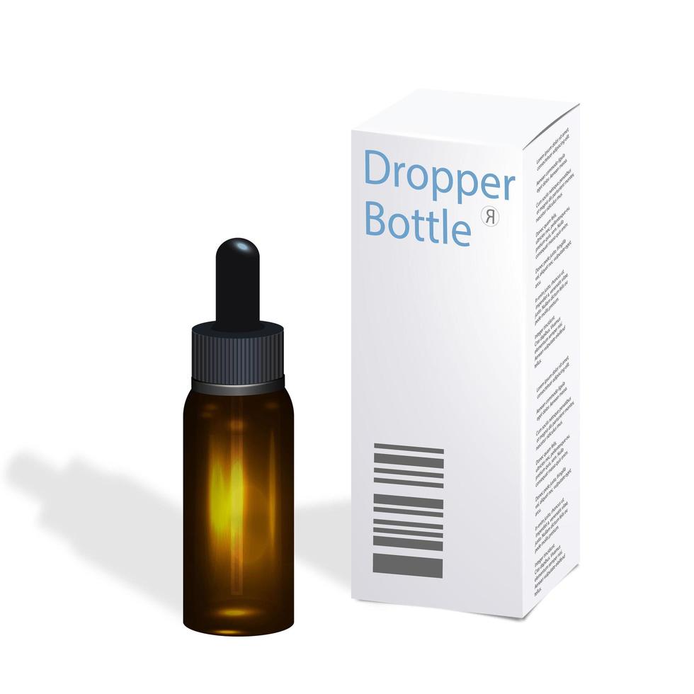 Realistic skin care packaging mockup. Brown bottle and dropper box template. vector