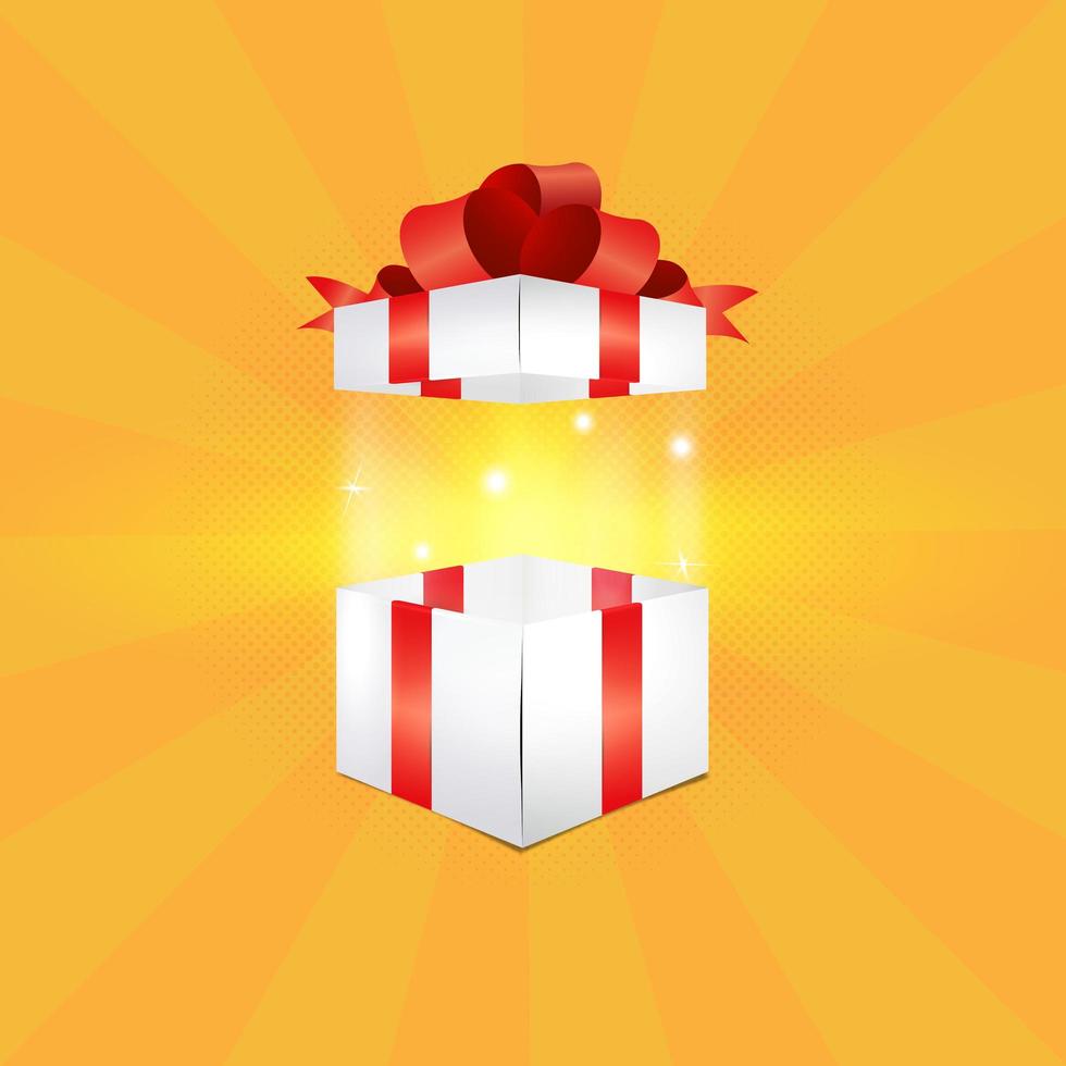 ilustración vectorial de una caja de regalo abierta sobre un fondo de medio tono con rayos en tonos soleados. presentación de productos, descuentos, regalo, rebajas, productos para bebés vector