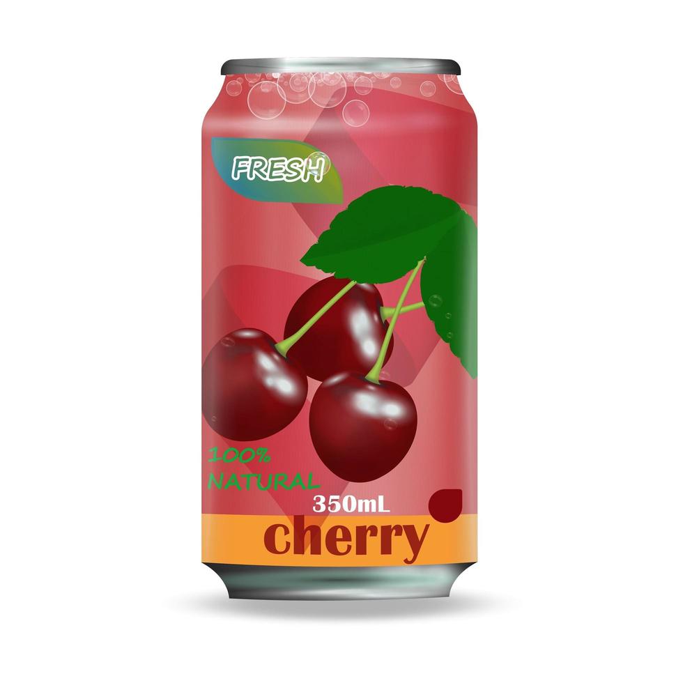 Aluminum cans of apple, grape, cherry juice. Fruit drink advertising vector design