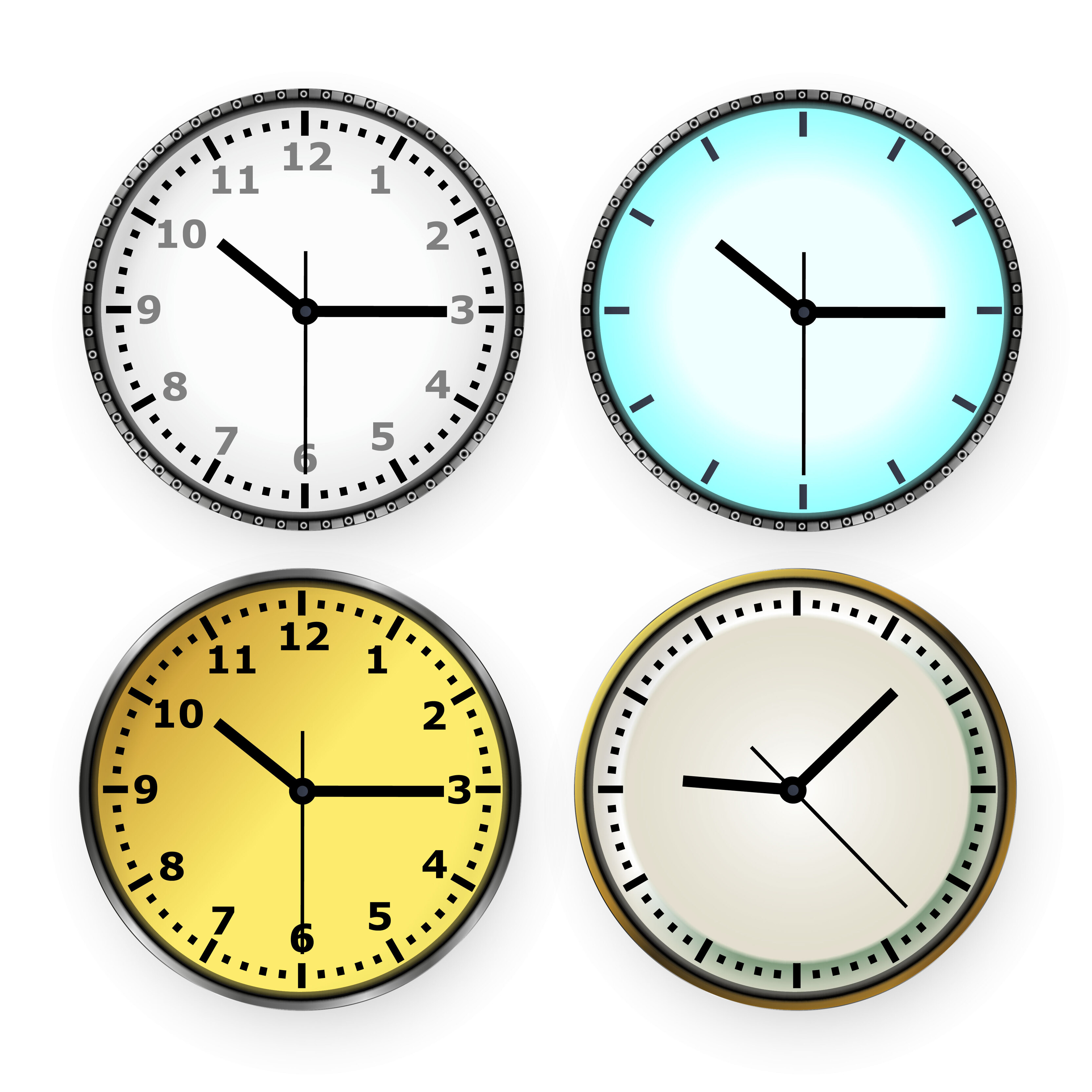 Vector 3d round simple office silver clock with dial and gold wall clock in  four views close-up isolated on white background. Design template, layout  for branding, advertising. View from above. 5093089 Vector