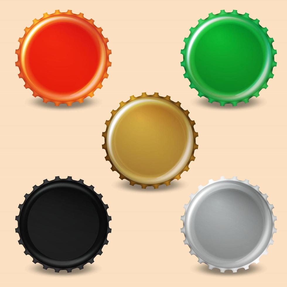Bottle cap in different colors black, white mocap , green, red, gold. For illustration and decoration of banners, printed materials. vector