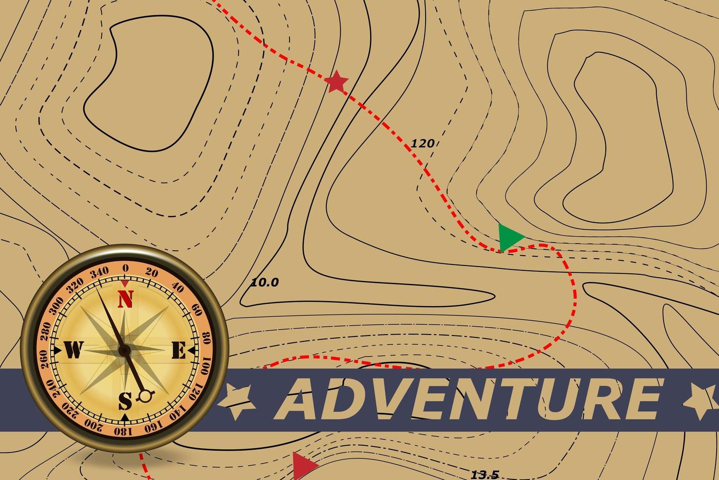 Travel. Adventure and azimuth compass and map. The background of the route on the contour map. Tourism and travel symbol. vector