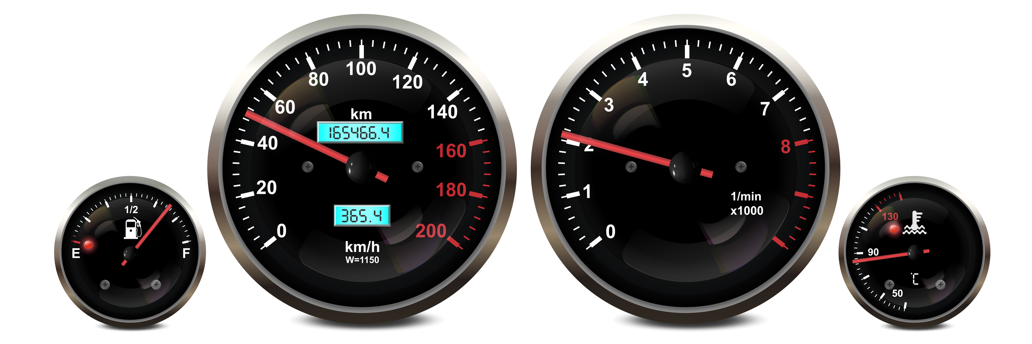 Car dashboard speedometer, tachometer gauge, fuel and engine