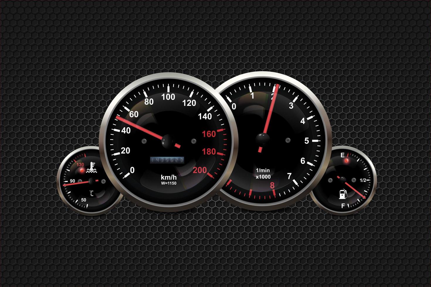 Car dashboard speedometer, tachometer, digital LED indicators for fuel and engine temperature. Vector realistic elements of car dashboard instrument cluster.