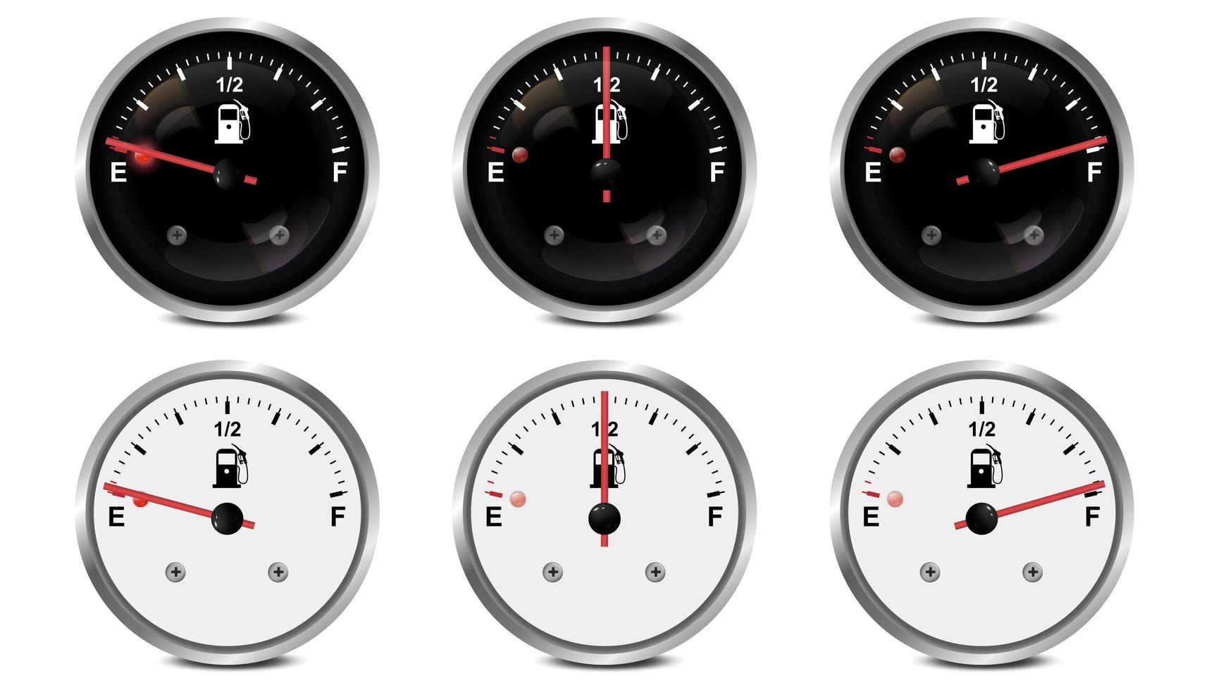 Vector 3d Realistic set Black and White Circle Gas Fuel Tank Gauge, Oil Level Bar Icon Set Isolated on White Background. Car Dashboard Details. Fuel Indicator, Gas Meter, Sensor. Design Template