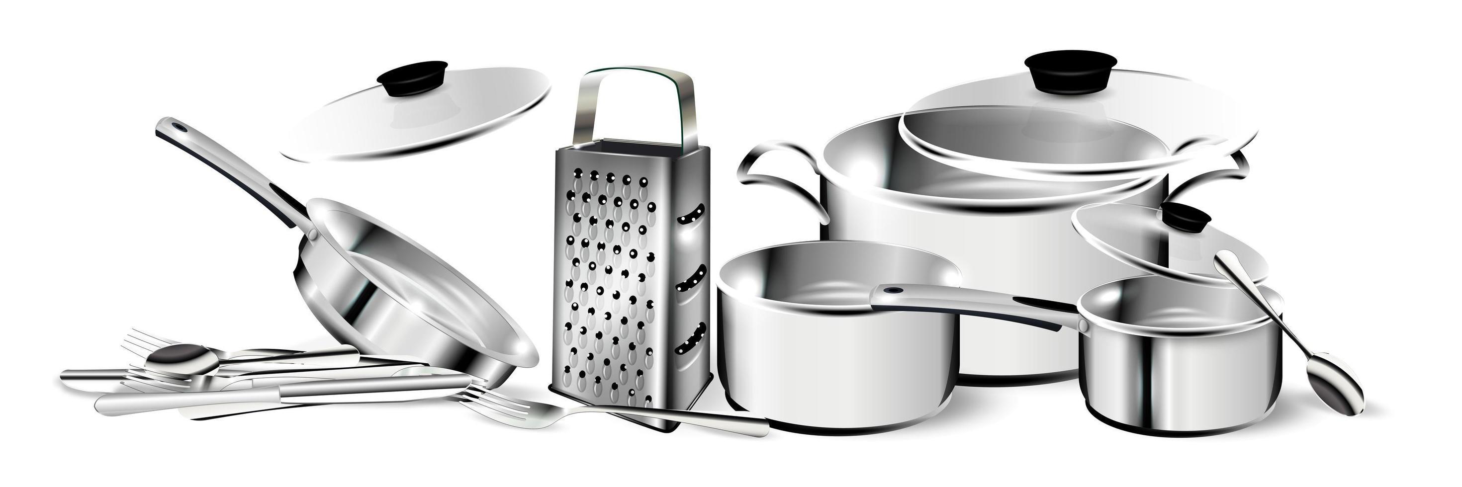 Realistic chrome dishes. Steel cooking pots with cape, metal saucepan and skillet, isolated cookware. Vector image 3D chrome frying pan and kitchen utensil