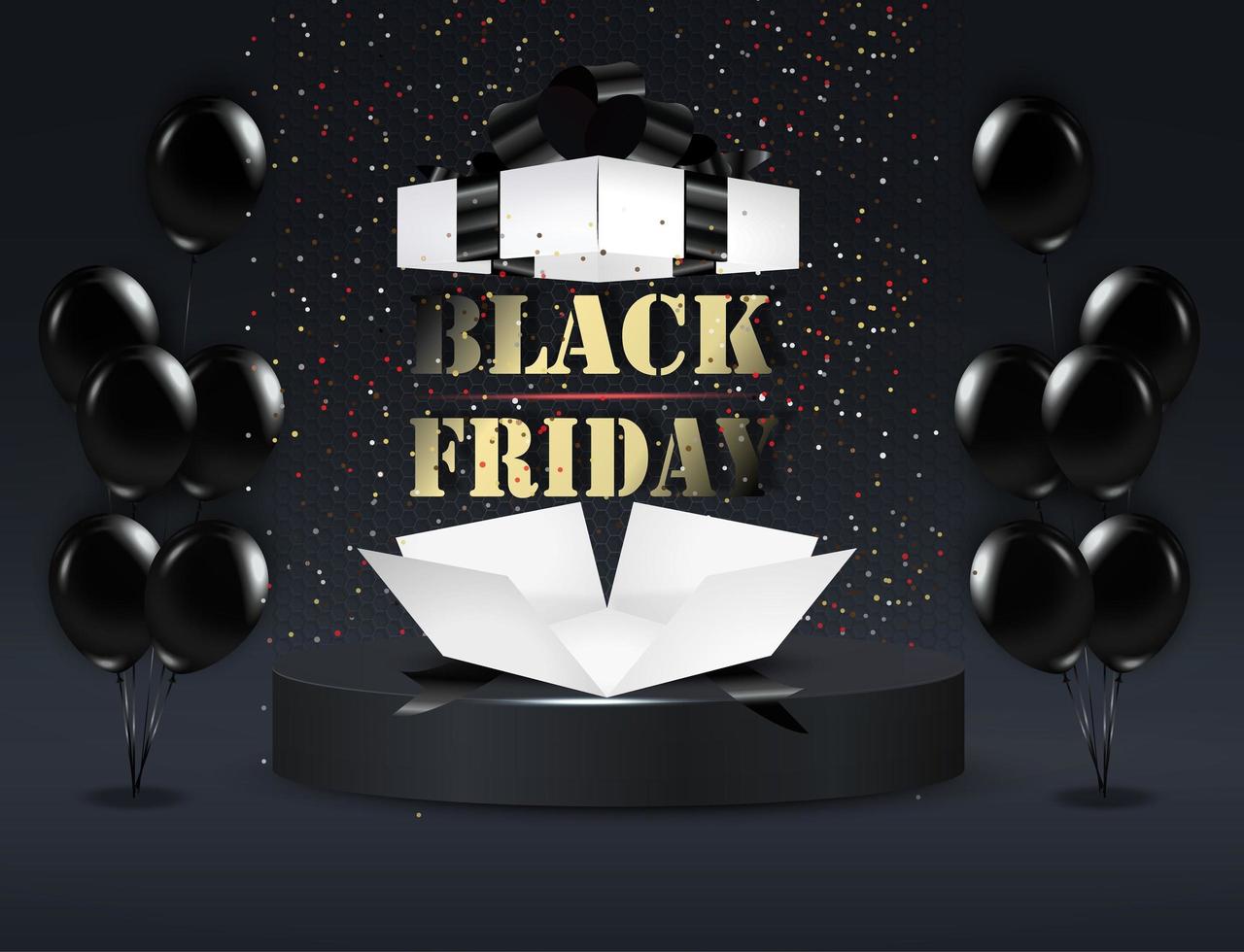 Black friday sale poster with realistic balloons and open box on black background. Black friday vector sale label. Design element for banners, flyers, postcards