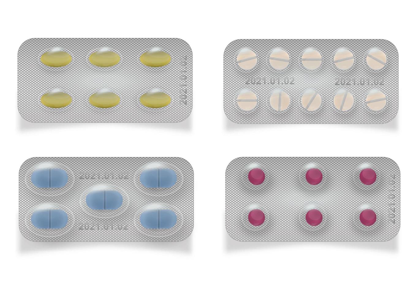 Tablets for treatment in a package. Tablets vitamin, antibiotic, aspirin, paracetomol. Realistic packaging mockup. Vector pack illustration isolated on background.