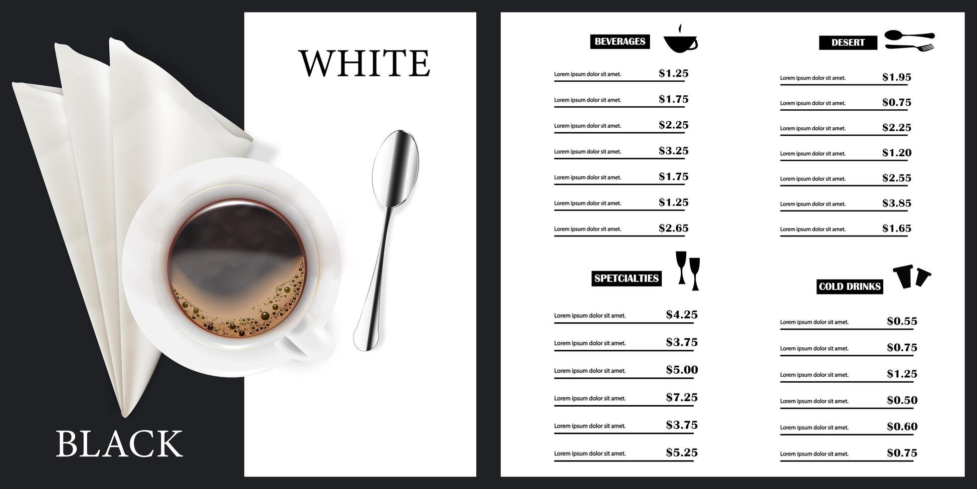 plantilla de menú vectorial para restaurantes y cafeterías. diseño de portada de menú en blanco y negro con un fondo de una taza de café caliente y una cuchara. diseño del folleto de un restaurante moderno vector